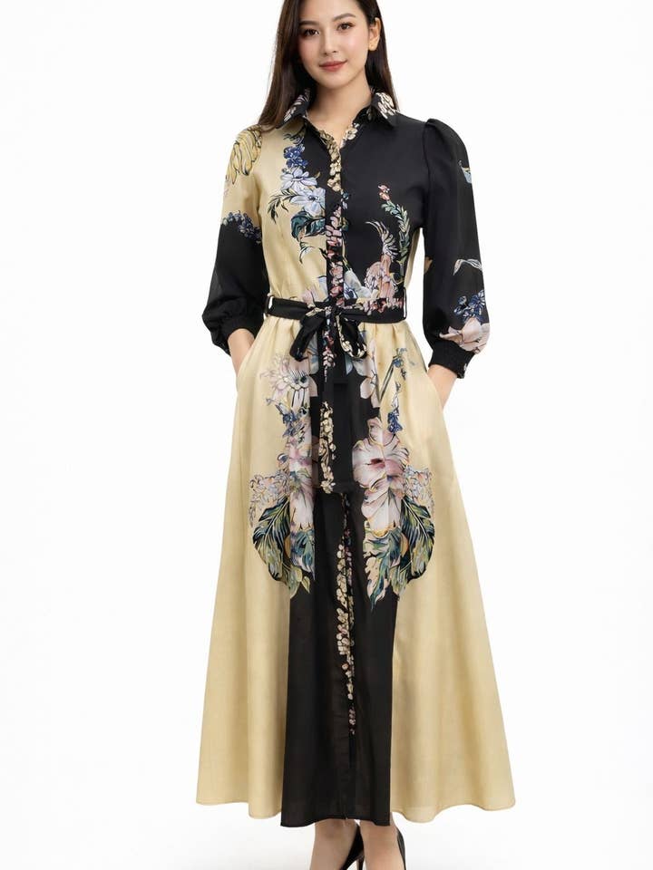 S3106 FLORALCONTRAST ALINE DRESS (BLK, WHT) for wholesale by N by Nancy