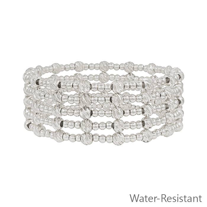 Water Resistant Silver 3mm Beaded Set of 5 Stretch Bracelets with Gold Accent Bead for wholesale by What's Hot
