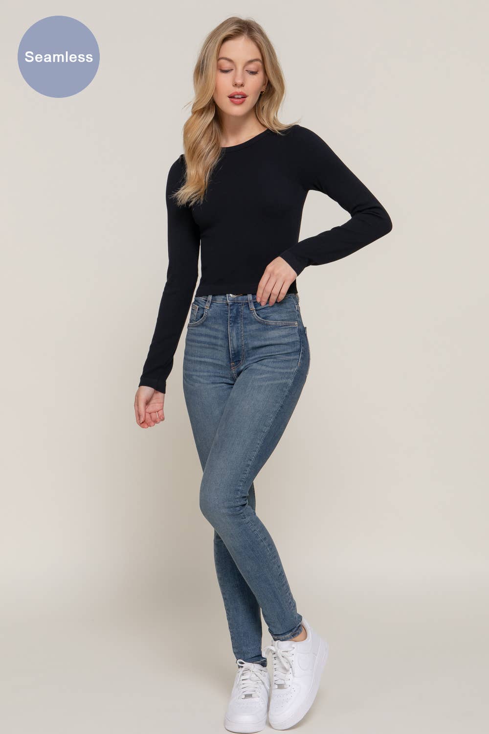 Active Basic | Active USA - Wholesale Gebreide top - Dames - Ribgebreide naadloze top met lange mouwen en ronde hals3