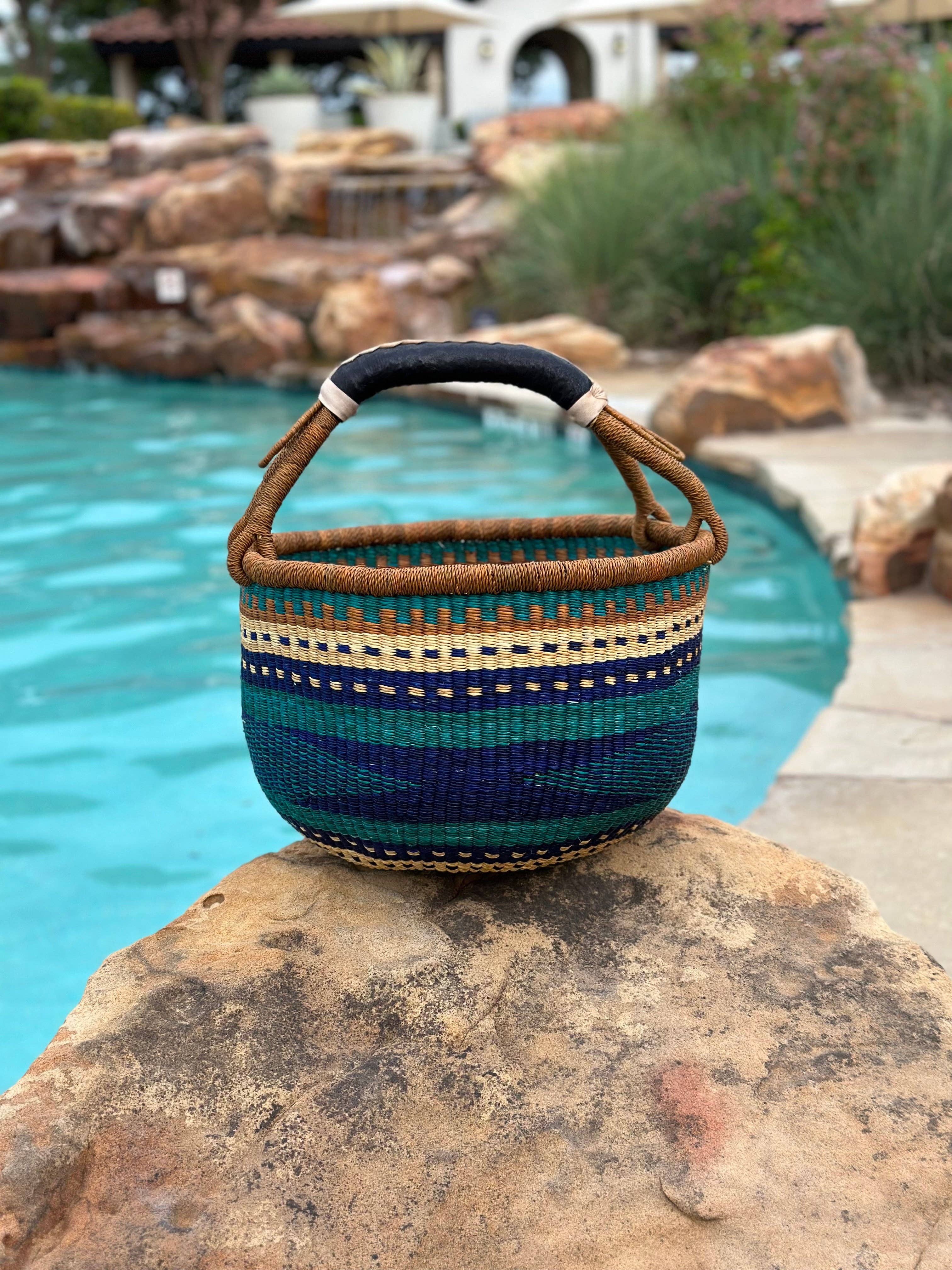 The African Home Goods - Wholesale Beach Bag - African Basket | Bolga Ghana Basket - Blue & Turquoise7
