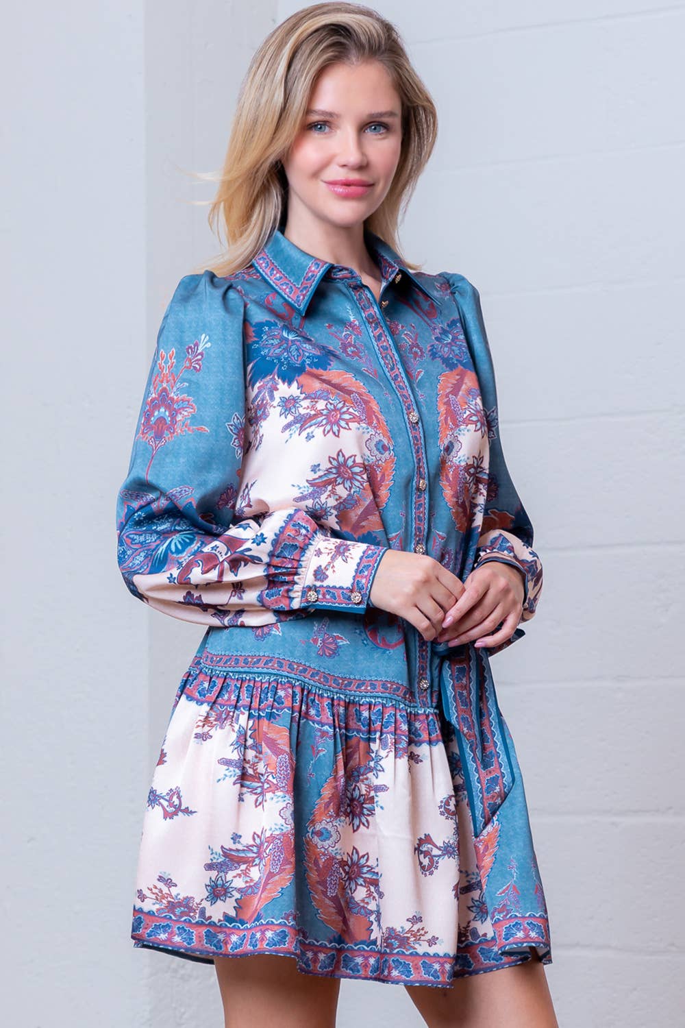 Blue Multi WD99080T-BLUE CREAM FLORAL PLACEMENT PRINT DRESS  for wholesale on Faire3