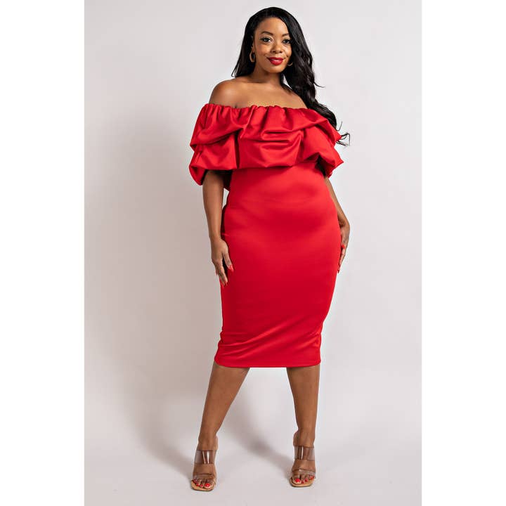 PLUS SIZE MULTI RUFFLE OFF THE SHOULDER DRESS for wholesale by The Curve LA