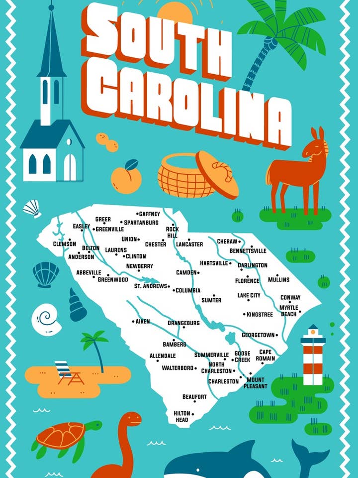 South Carolina State Icons Tea Towel for wholesale by Vestiges