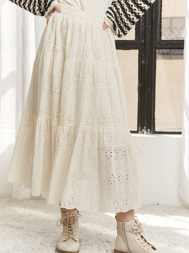 ADORA LA - Wholesale Skirt - Women's - CES3878 - ELASTIC WAISTBAND TIERED MIDI SKIRT1