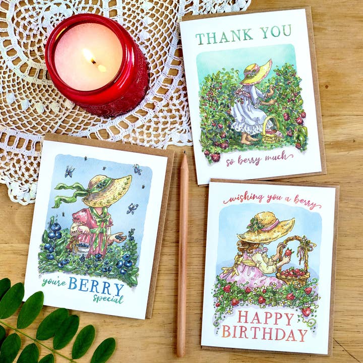 Nettles & Lace Paper Co. - Wholesale Verjaardagskaartje - Berry Happy Birthday Speelse Aquarel Tuin Bloemenkaart2