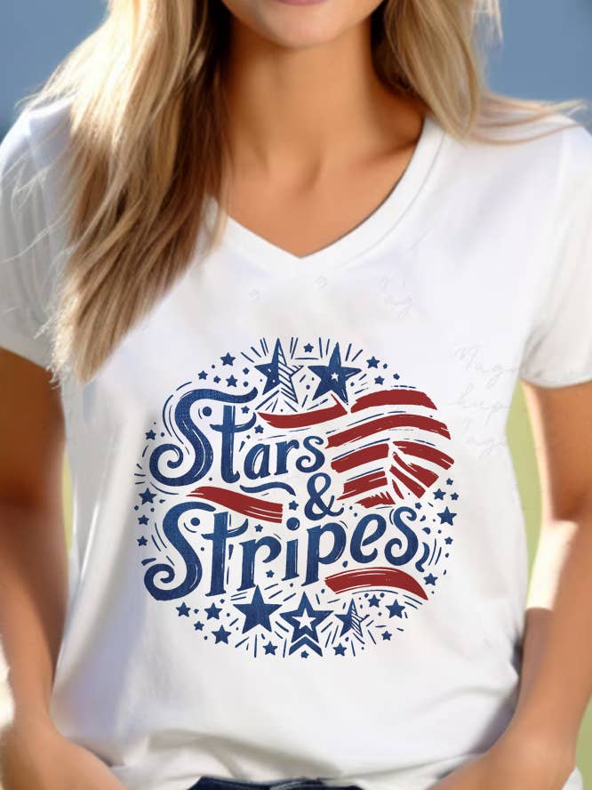 Retro Sterren en Strepen Unisex V-hals T-shirt voor wholesale door Top Avenue
