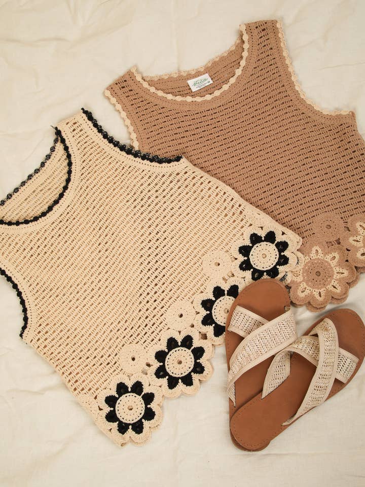 NATURAL NT12140-Floral Trim Detail Crochet Top for wholesale on Faire