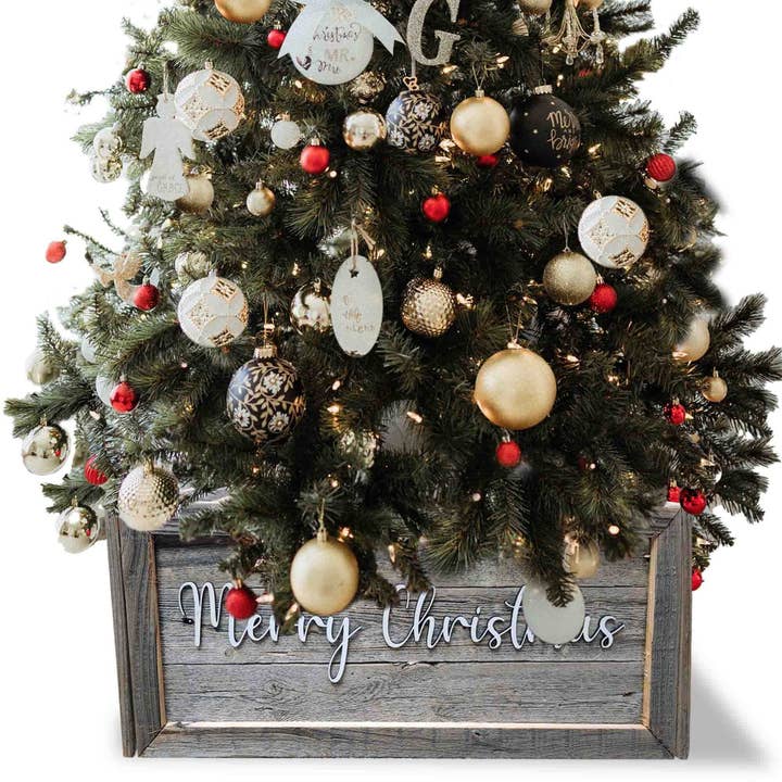 Merry Christmas Barnwood Tree Box – Tree Collar Décor for wholesale by Rockin'Wood