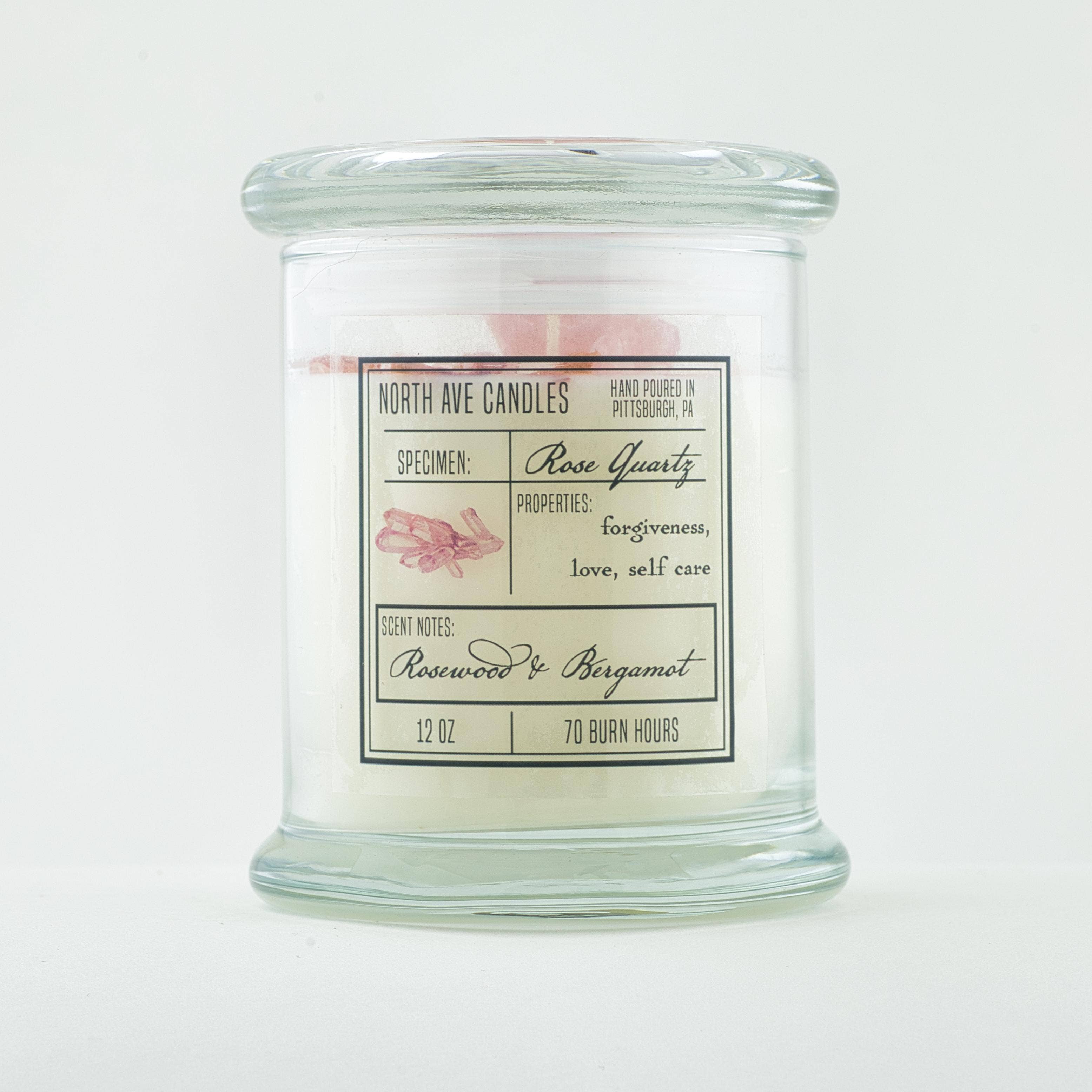 North Ave Candles - Wholesale Jar/Filled Candle - Crystal Candle / Rose Quartz | Rosewood + Bergamot1