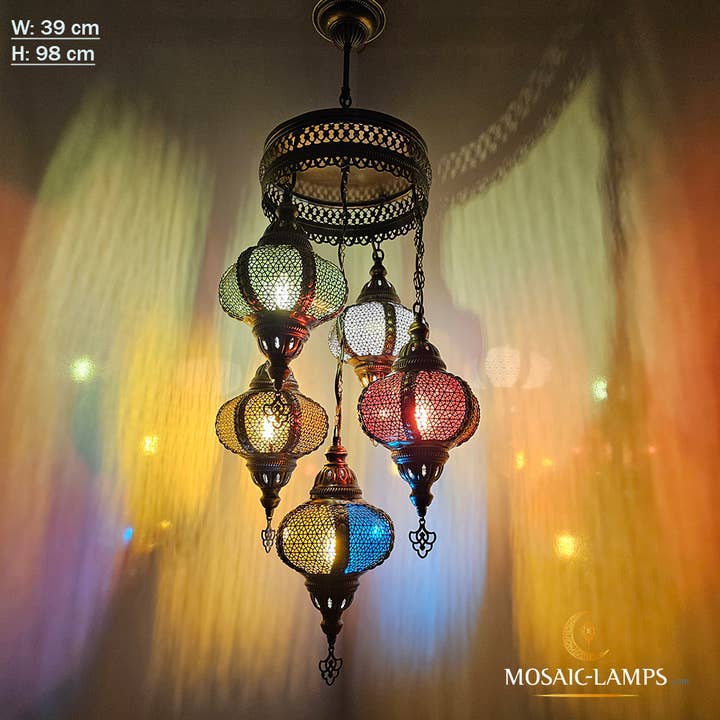 Mosaic Lamps – wholesale Chandelier/hanging light – Byzantine Globe Chandelier, 5 Ball Syrian Lights, Mixed Arra