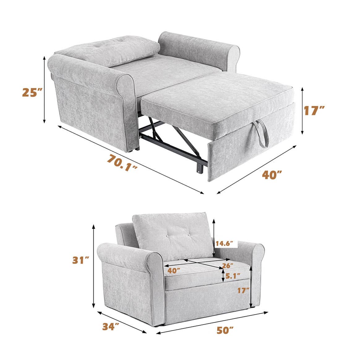 VIVZONE - Wholesale Sofa - Rolled Arm Convertible Sleeper Sofa With Cushions5