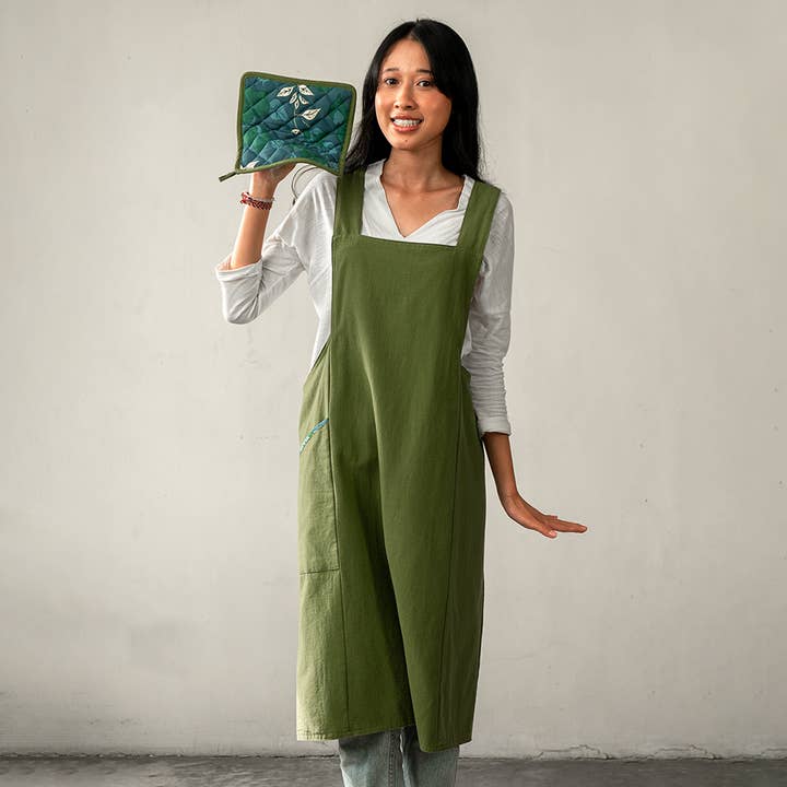 SALE | Crossback Reversible Apron | Bougainvillea Moss for wholesale by Balizen Direct from Bali