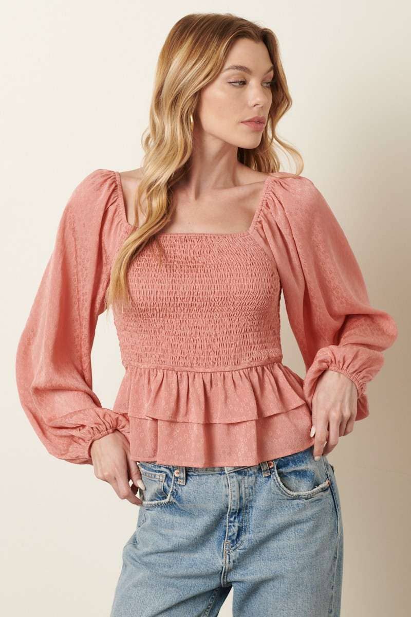 mittoshop - Wholesale Blouse - Women's - H14432A-FLOWER JACQUARD SMOCKING BODICE BLOUSE1