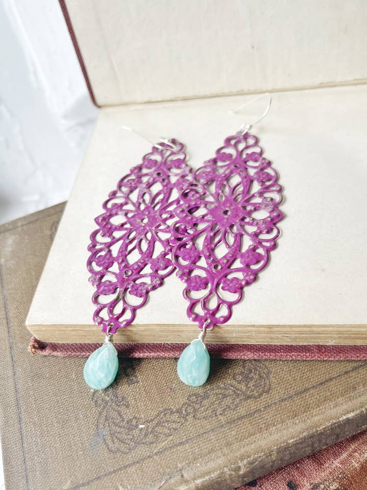 Hand-painted Raspberry & Amazonite Earrings for wholesale by Rage Gems & Jewelry