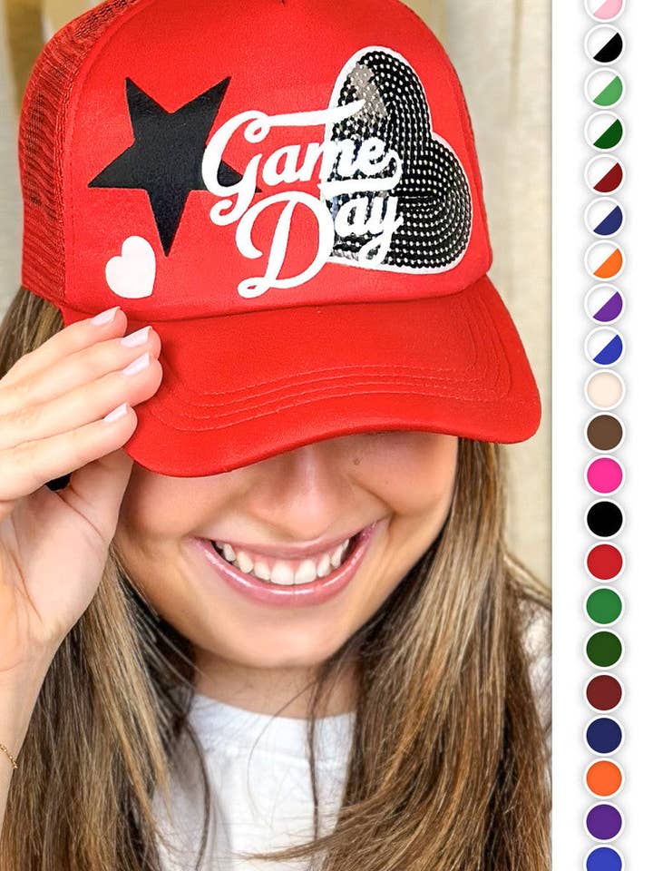 Game Day Sequin Patch Trucker Hat for wholesale by Sugar Stitch