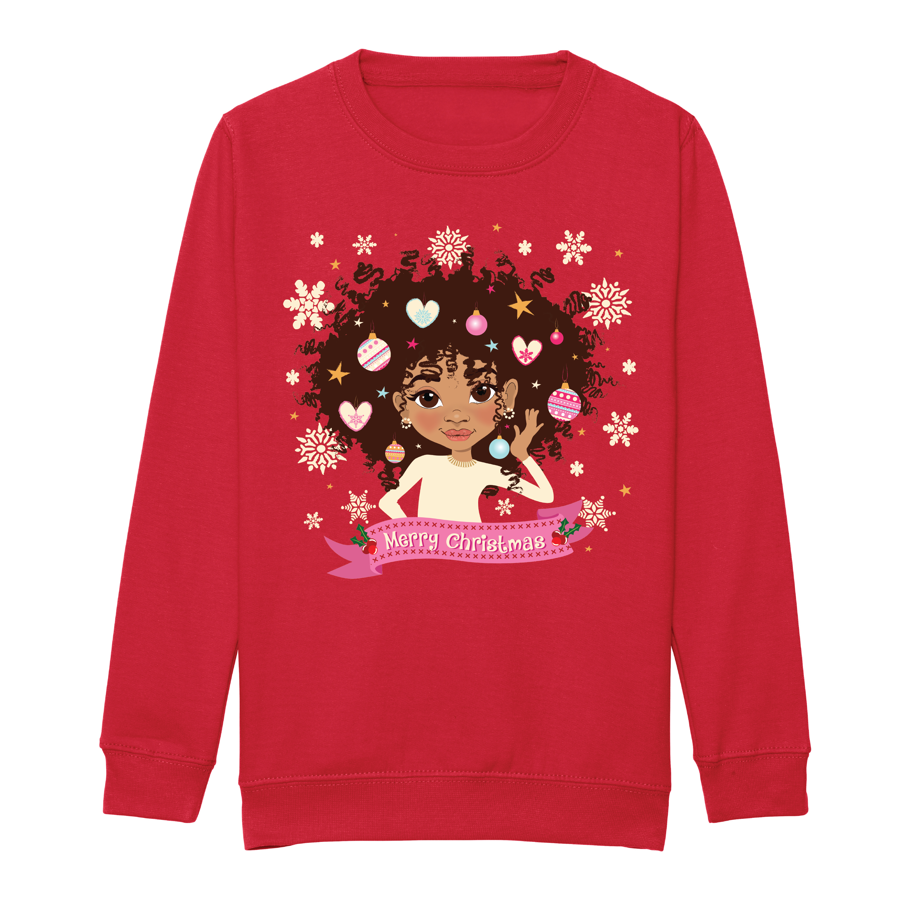 Fefus Designs - Wholesale Sweatshirt - Kids - Brown Girl Afro Princess Christmas Sweatshirt - Afrocentric Holiday Sweater for Kids | Fefus Designs2
