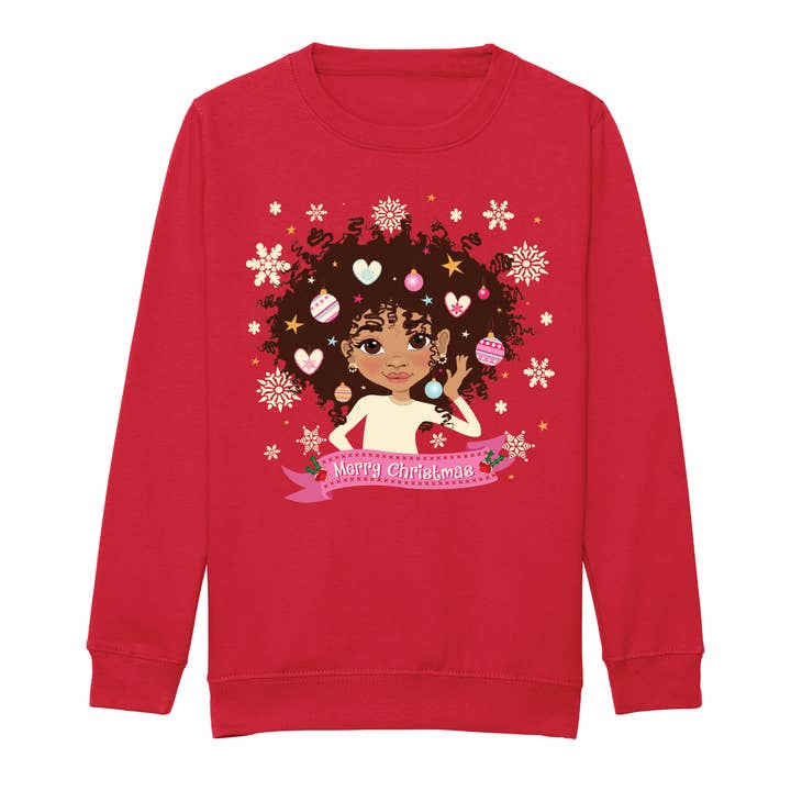 Fefus Designs - Wholesale Sweatshirt - Kids - Brown Girl Afro Princess Christmas Sweatshirt - Afrocentric Holiday Sweater for Kids | Fefus Designs2
