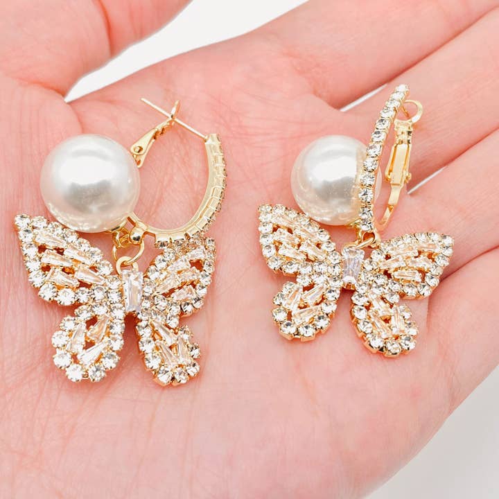 Mio Queena - Wholesale Huggie Earrings - Sparkling Glass Rhinestone Butterfly Huggie Earrings