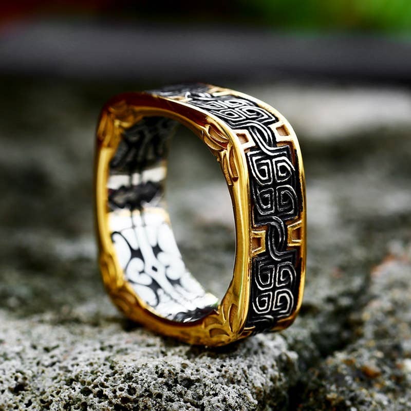 Gemcohub - Wholesale Band/Stacked Ring - Men's Square Black Gold Ring1