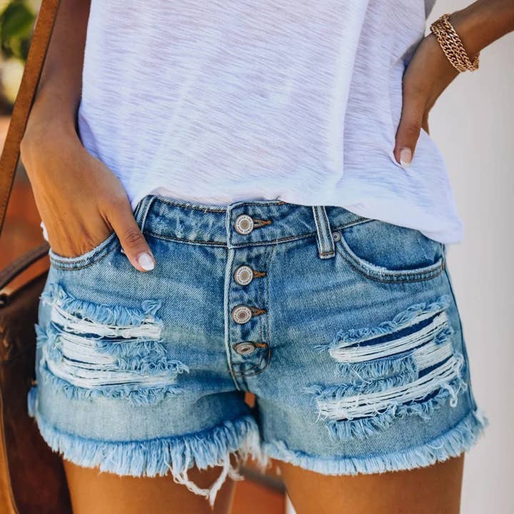Lighter Blue New Slim Washed Women's Denim Hole Shorts for wholesale on Faire
