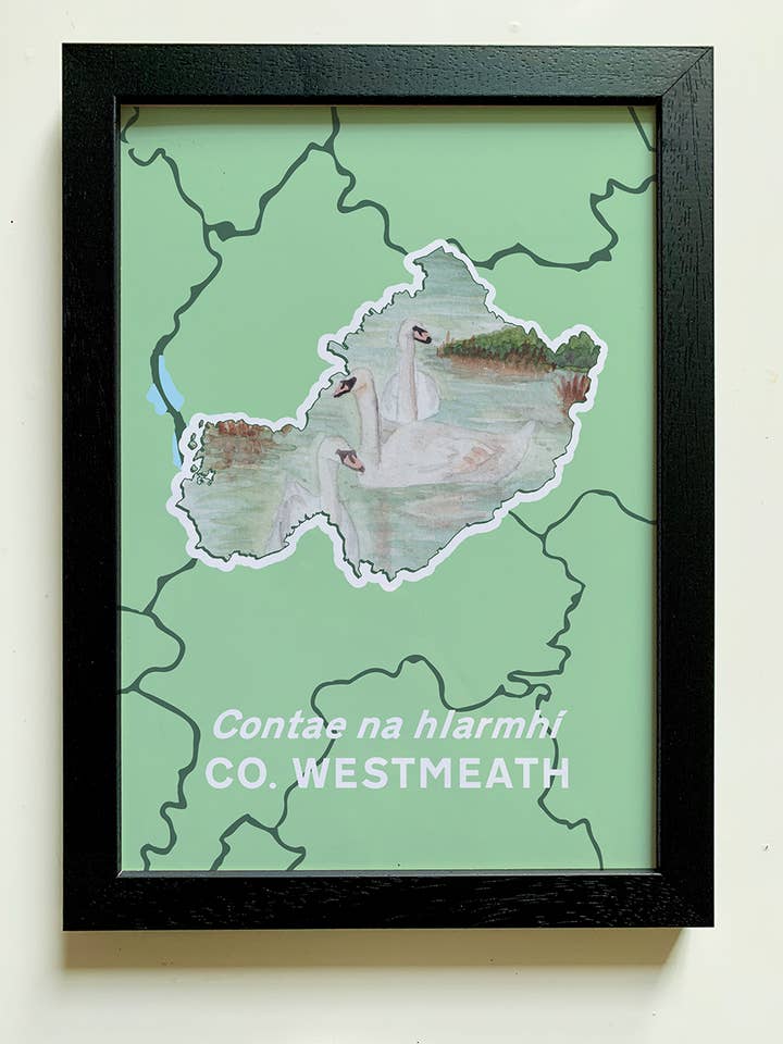 County Westmeath Art Print A4 | Swans on Lough Derravaragh for wholesale by Clemence Prosen Art & Design