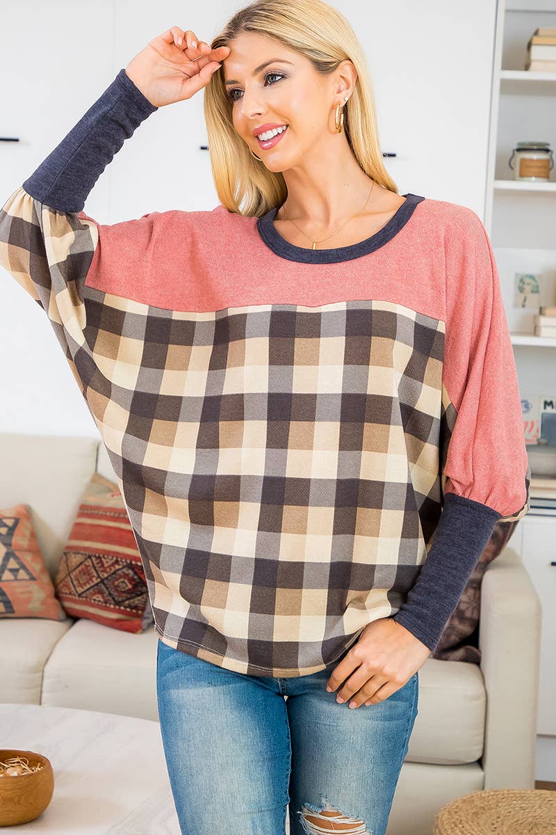 You & Me - Wholesale Blouse - Women's - SALE!!! PPT21075-DOLMAN SLEEVE SOLID CONTRAST PLAID TOP7