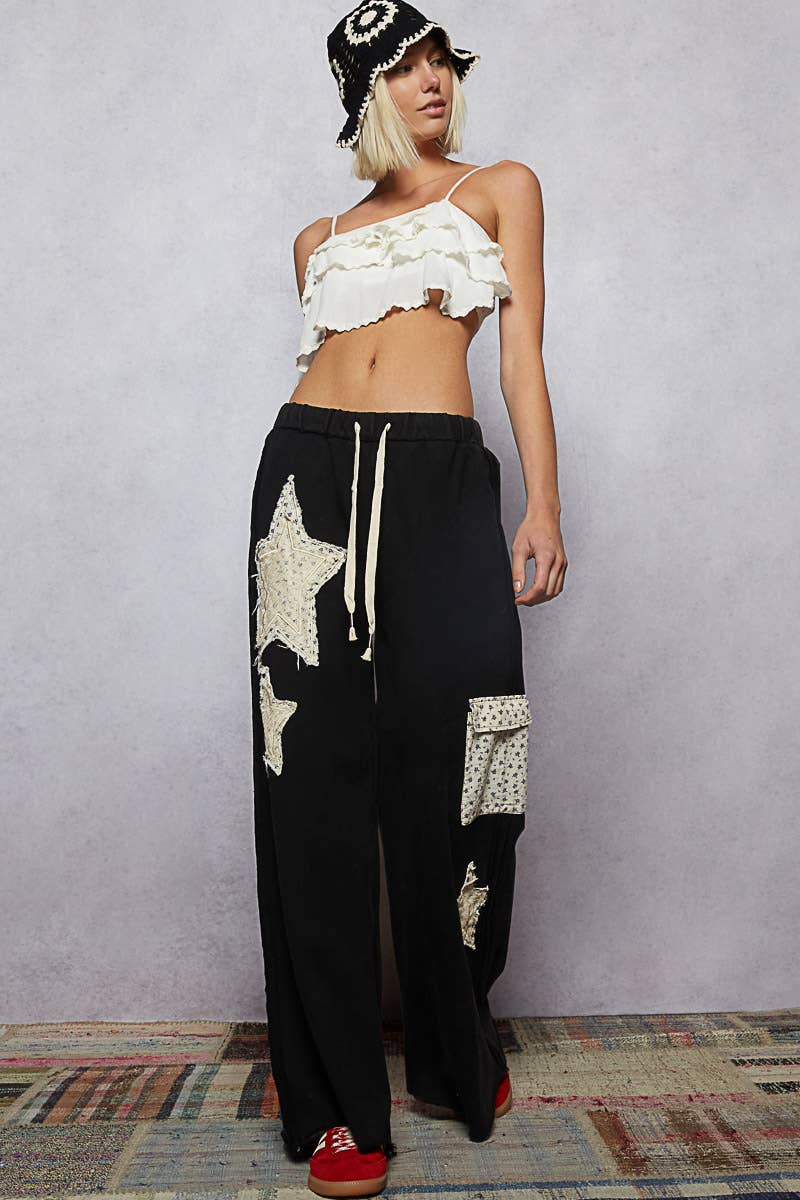 Pol Clothing - Wholesale Pants - Women's - French Terry Vintage Washing Star Patch Casual Wide Pants3