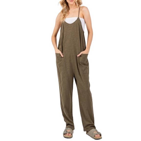 Front Patch Pocket Cami Roll Up Jumpsuit for wholesale by Blue Bunny Inc