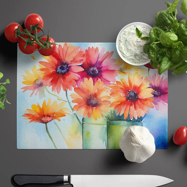 Caroline's Treasures - Wholesale Cutting Board - Gerbera Daisies in Watercolor Glass Cutting Board Large1