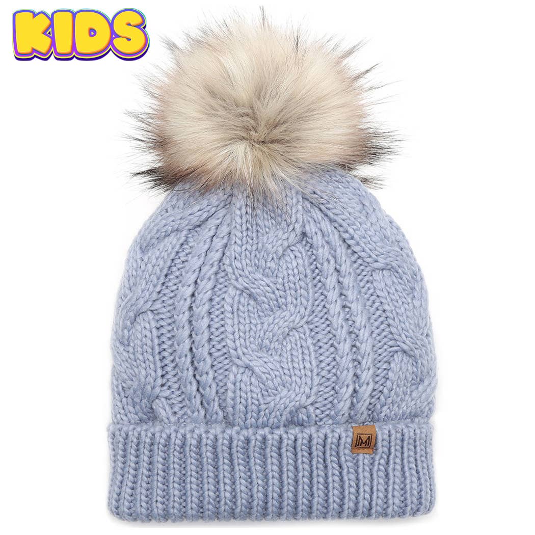 Fashion City - Wholesale Beanie - Kids - Kid's Cable Knitted Faux Fur Pom Beanie Hat0