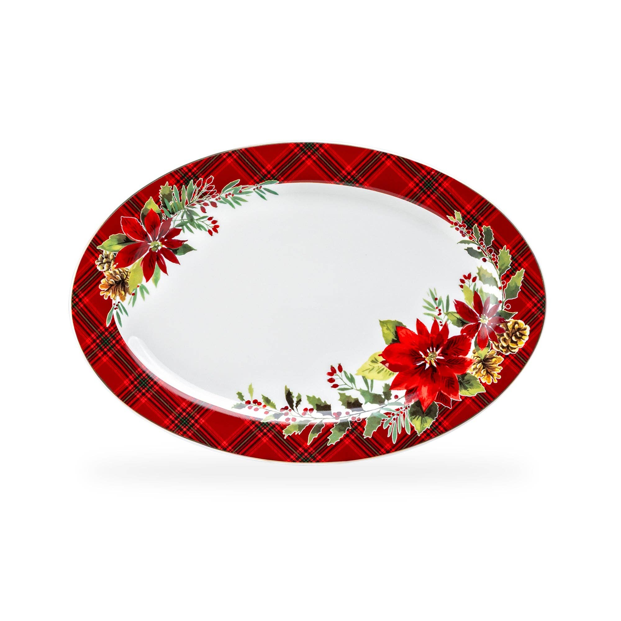 Grace Teaware - Vente Plateaux - Plateau de service ovale en porcelaine fine avec poinsettia et pomme de pin de 14 pouces1