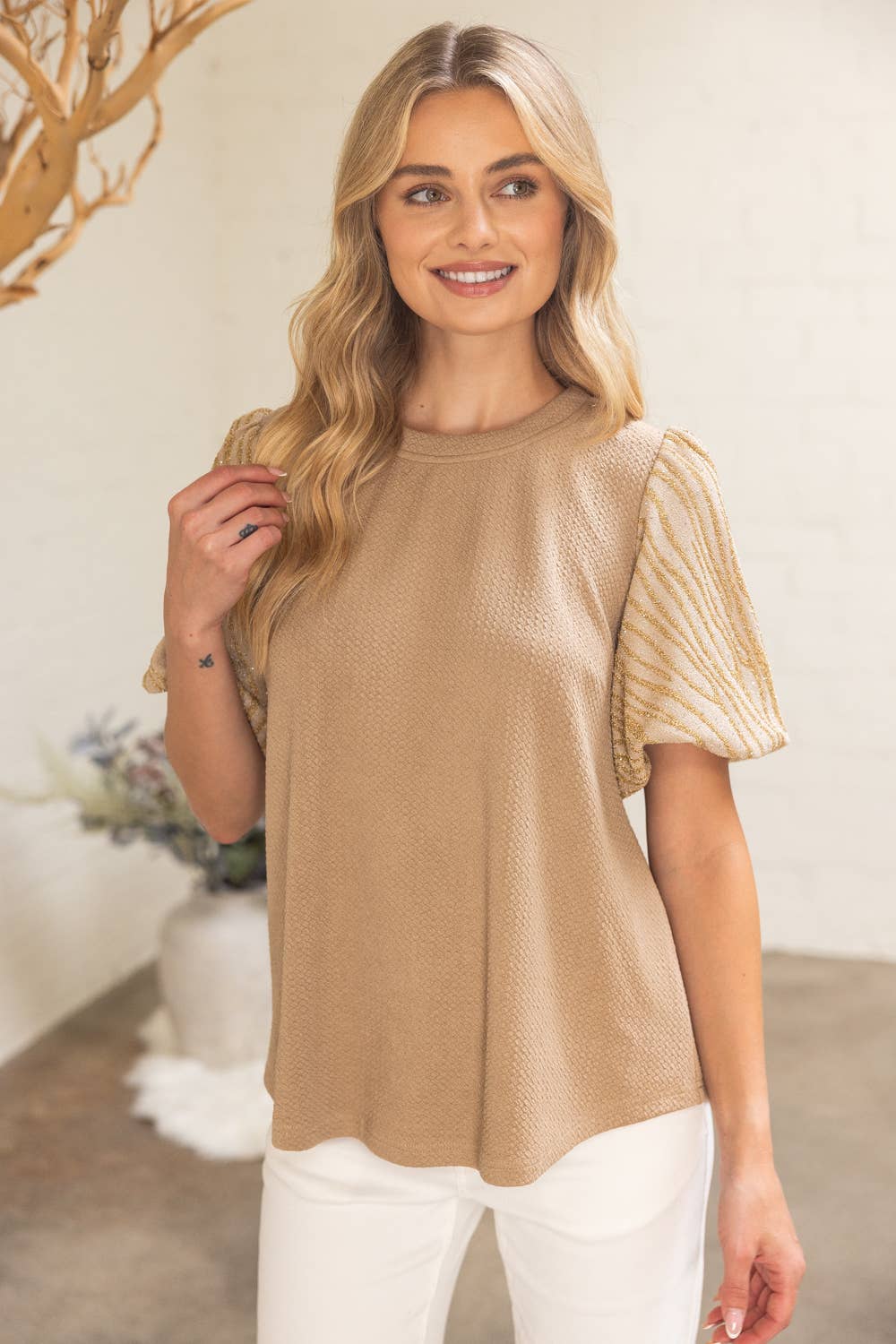 Tan 36167 Lurex Zebra Pattern Puff Sleeve Textured Knit Top for wholesale on Faire1