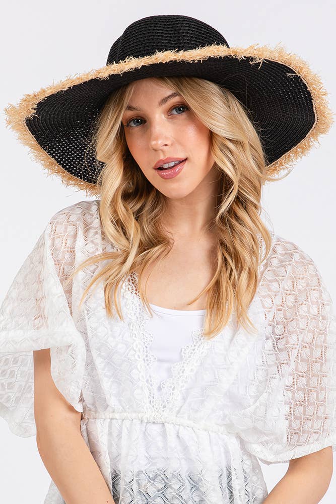 Hana - Vendita all'ingrosso Cappello di paglia - Donna - Cappello Estivo di Paglia a Tesa Larga Bicolore con Bordo Sfilacciato1