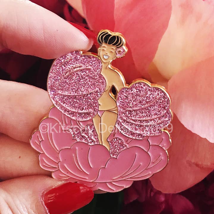 Kitschy Delish - Wholesale Lapel pin/button - Peony Girl Enamel Pin With Glitter1