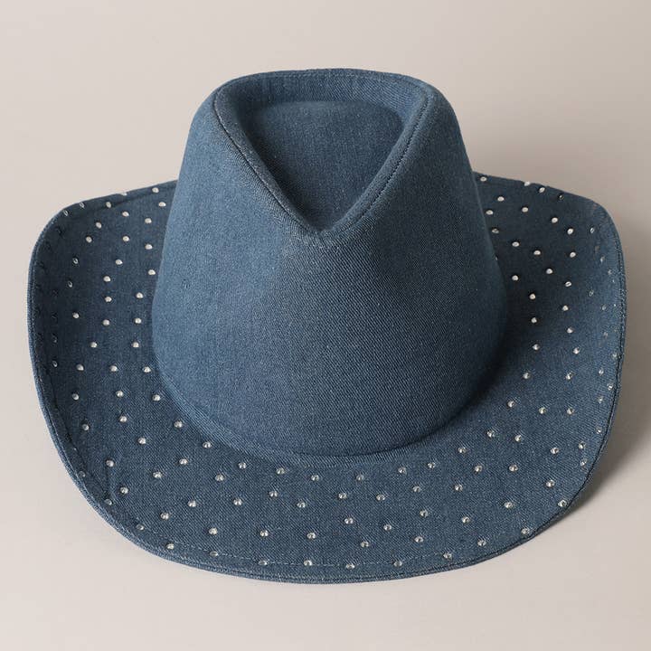 Fashion City - Wholesale Cowboy Hat - Women's - Cubic Embellished Denim Cowboy Hat