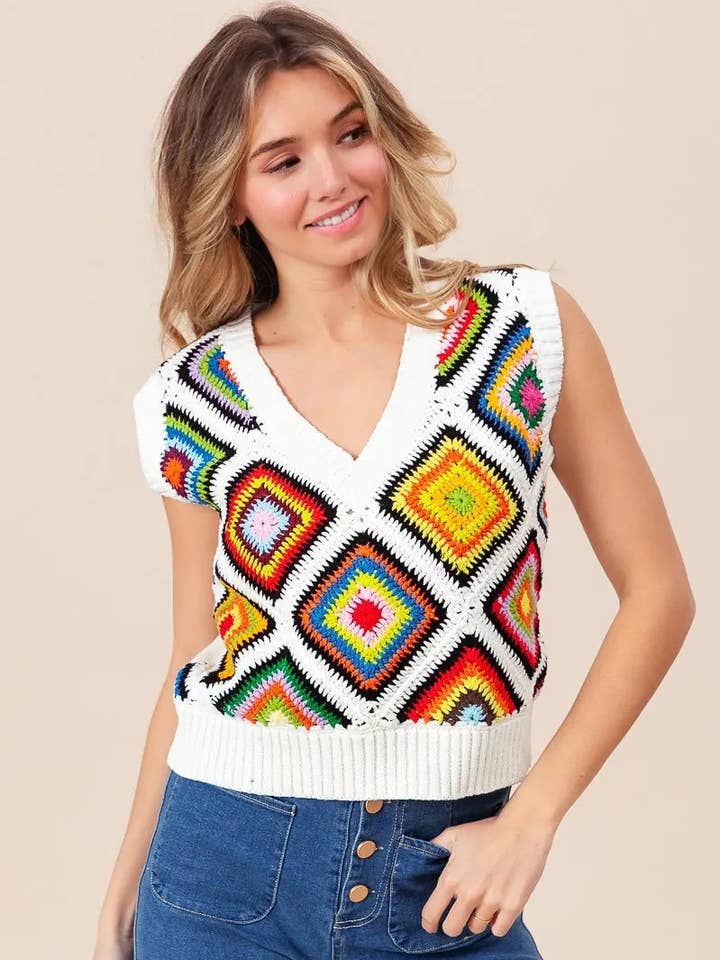 BiBi Diamond Granny Square Sweater Vest for wholesale by React Activewear
