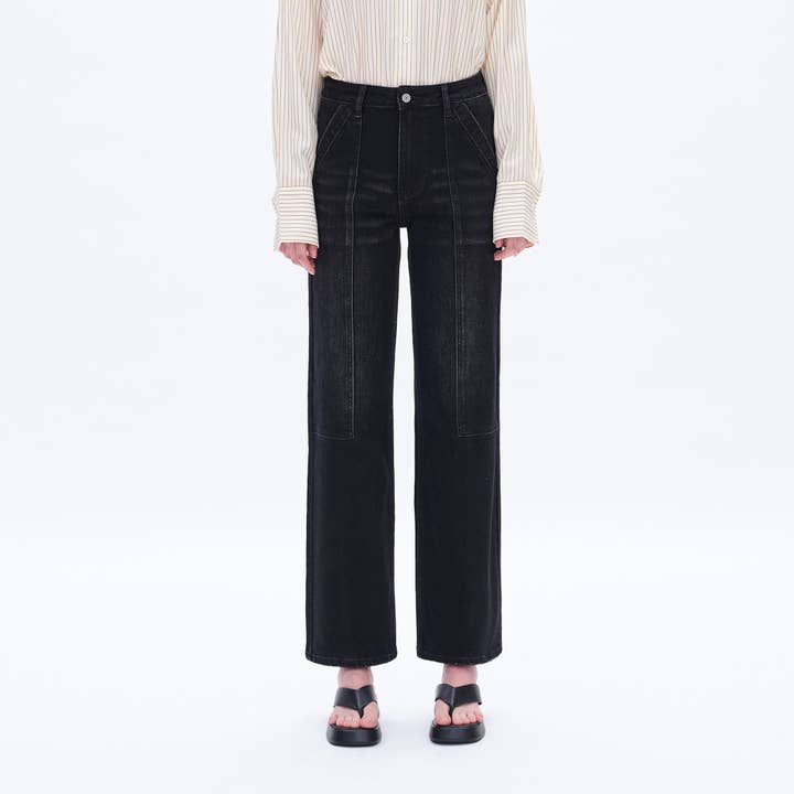 BLACK SUPER HIGH RISE WIDE LEG JEANS(FINISHED HEM,SLIT) BYW8084 for wholesale on Faire