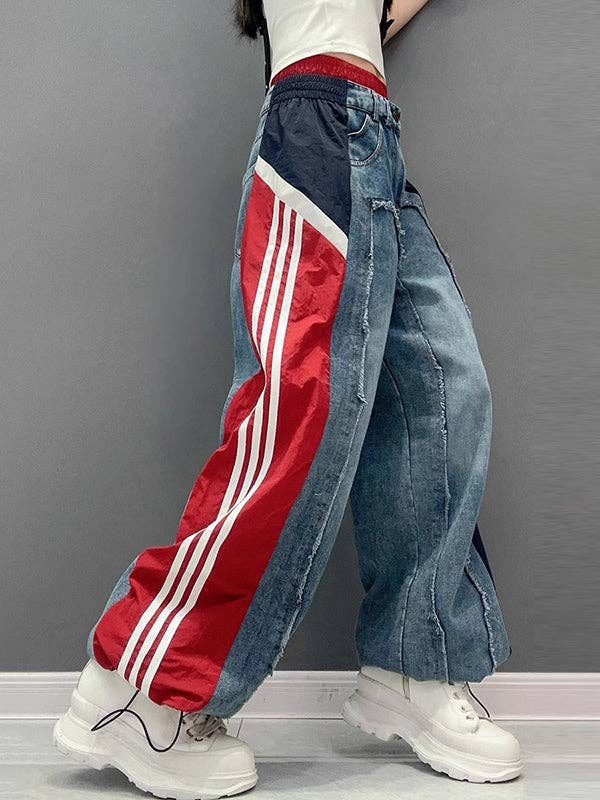 VividLux - Wholesale Jeans - Women's - Loose Wide Leg Contrast Color Drawstring Elasticity Fringed Split-Joint Jean Pants Bottoms4