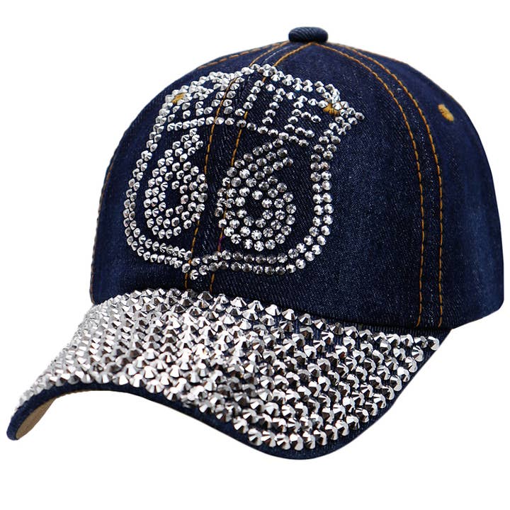Cap Zone - Wholesale Baseball Cap - Women's - Route 66 Logo Bling Rhinestone Denim Baseball Cap