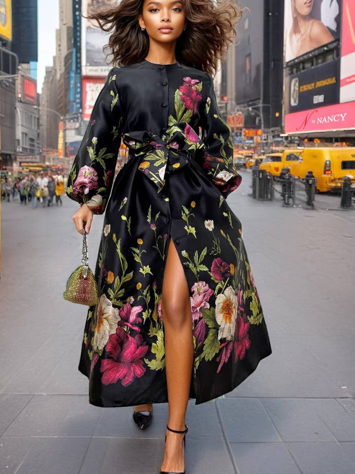 A95116 FLORAL PUFF SLEEVE DRESS for wholesale by N by Nancy