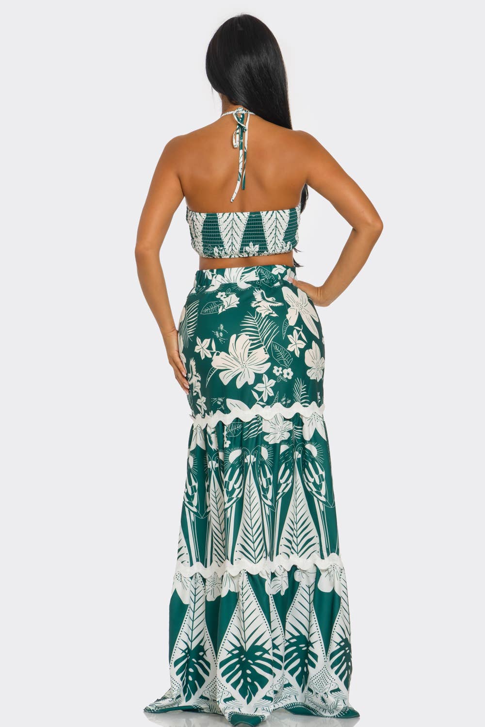 Green HCCTD63369SET&2PC HALTER CORSET & LAYERED MACRAME PRINT MAXI for wholesale on Faire4