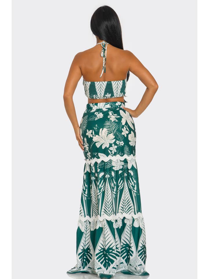 Green HCCTD63369SET&2PC HALTER CORSET & LAYERED MACRAME PRINT MAXI for wholesale on Faire4
