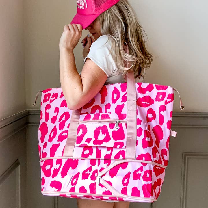 Sunrise Collective - Wholesale Weekender Bag - Women's - Expanding Wet Dry Travel Duffle In Pink or Black Animal Print