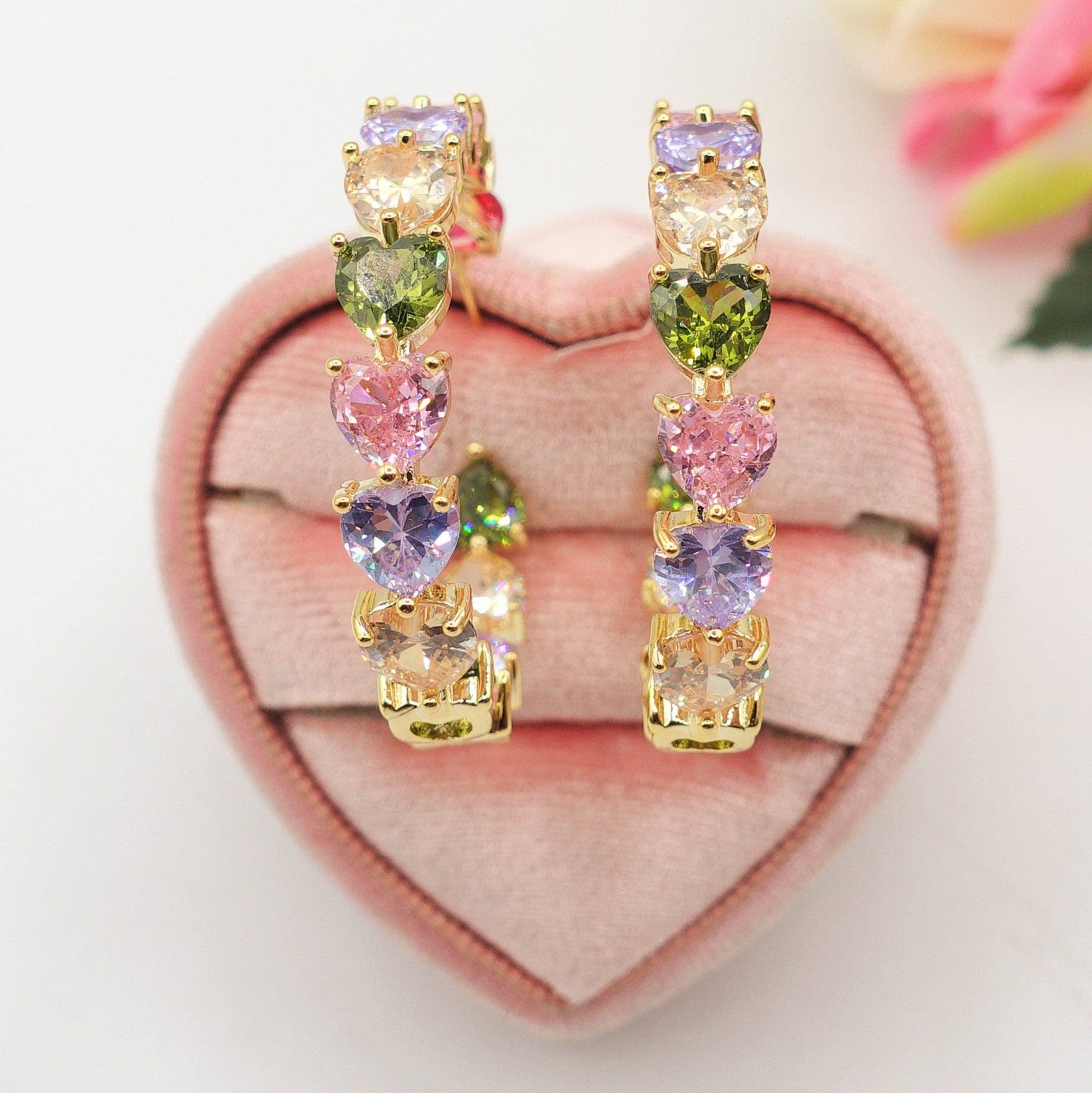 Daemon srls - Wholesale Dangle Earrings - CHERIE RAINBOW - Big hoops xl- orecchini a cerchio con cubic zirconia a forma di cuore8