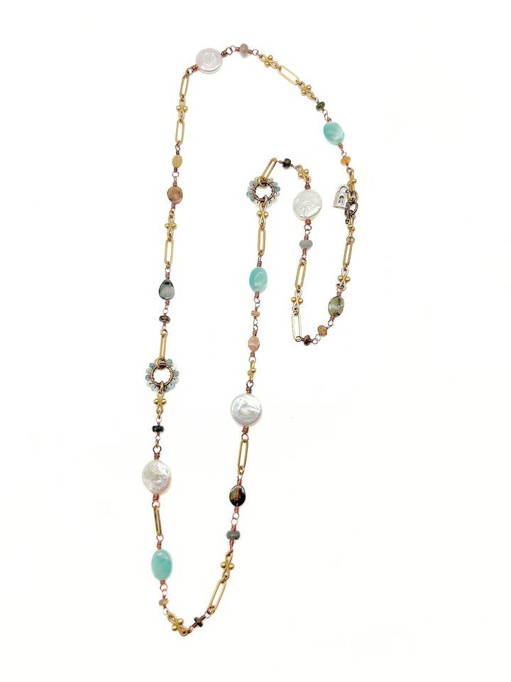 Long Tourmaline, Pearl & Multi Gemstone Necklace, N545 for wholesale by Lock and Key