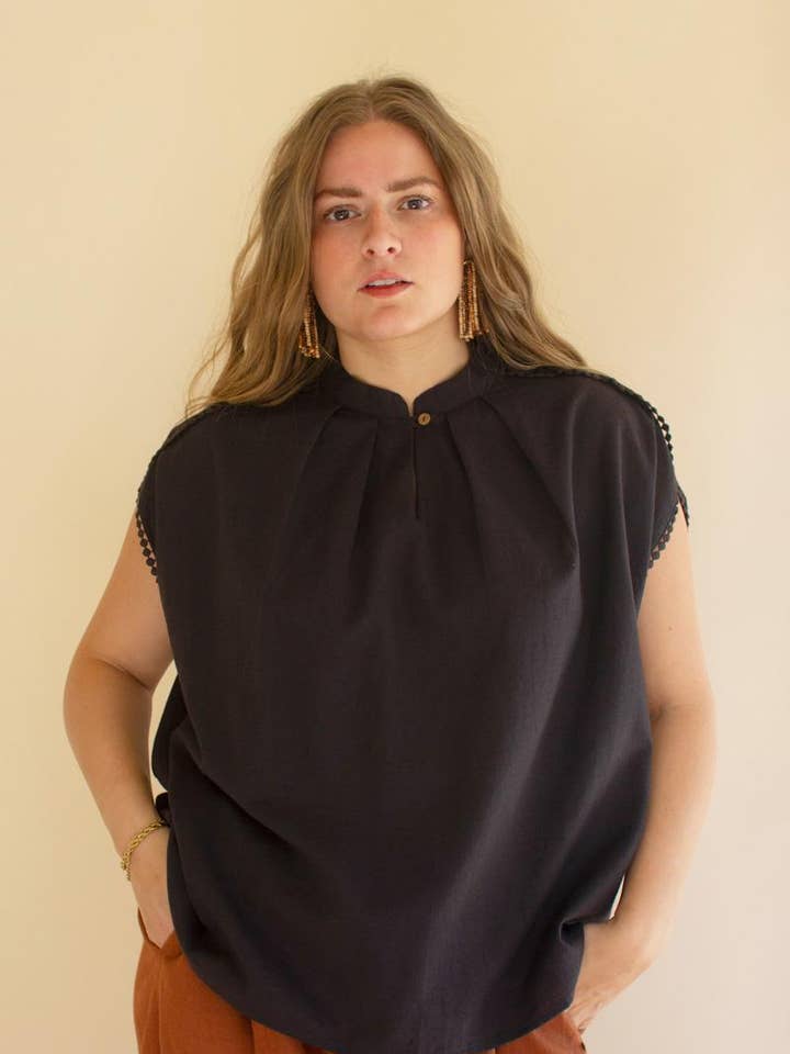 HIGH-NECK SHORT-SLEEVE BLOUSE W FLAT POM-POM LACE -MIDNIGHT for wholesale by Kalalou