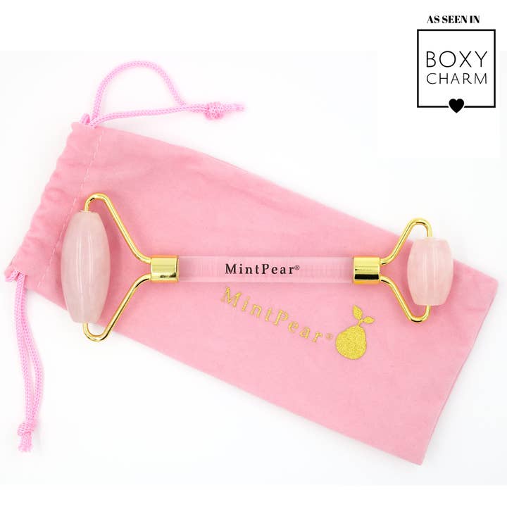 Rose Quartz Roller Plus Velvet Pouch for wholesale by MintPear