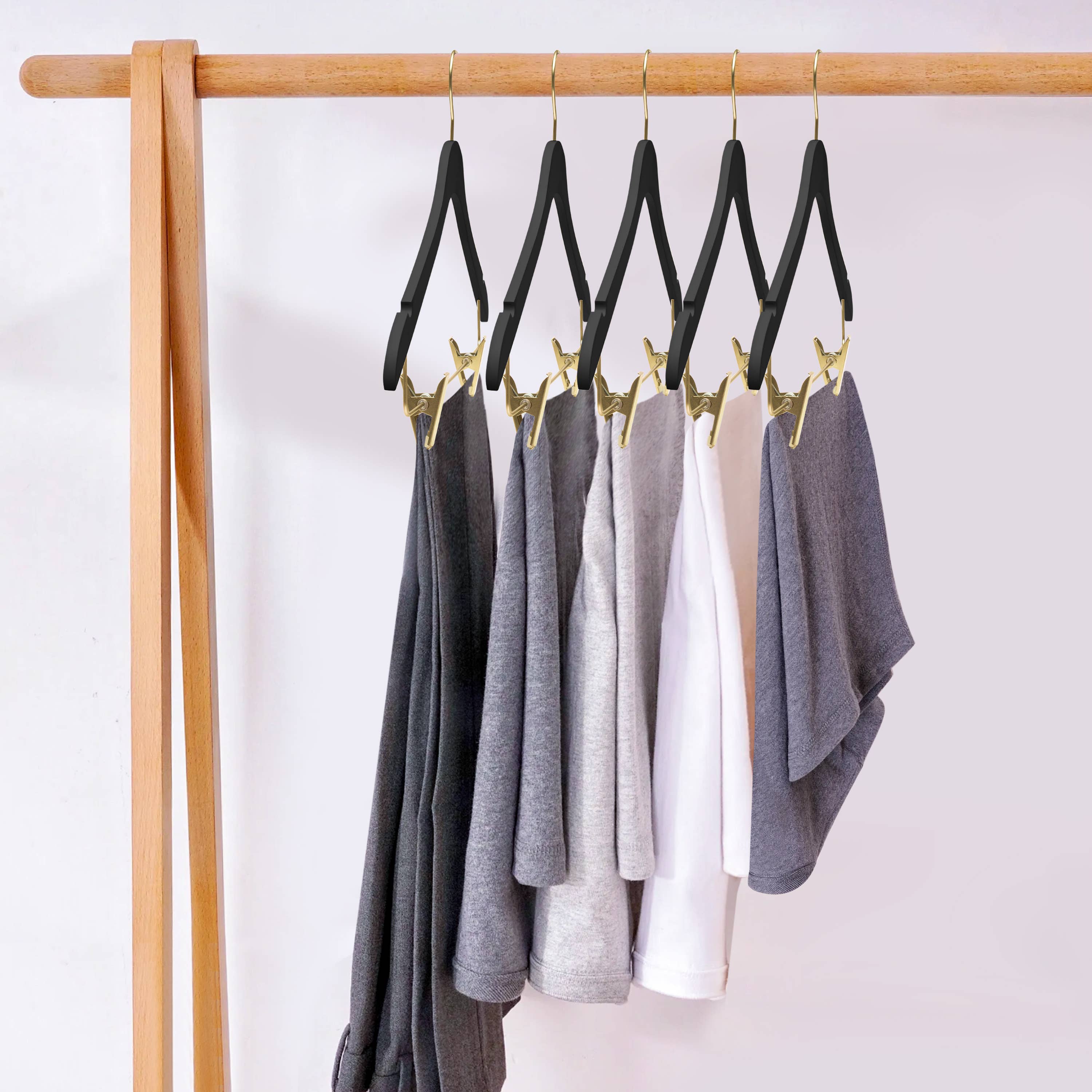 Quality Hangers – Cabides por atacado – WS73 Cabides Ultra Finos para Saias e Calças com Clipes Preto/dourado - 5 Unidades23