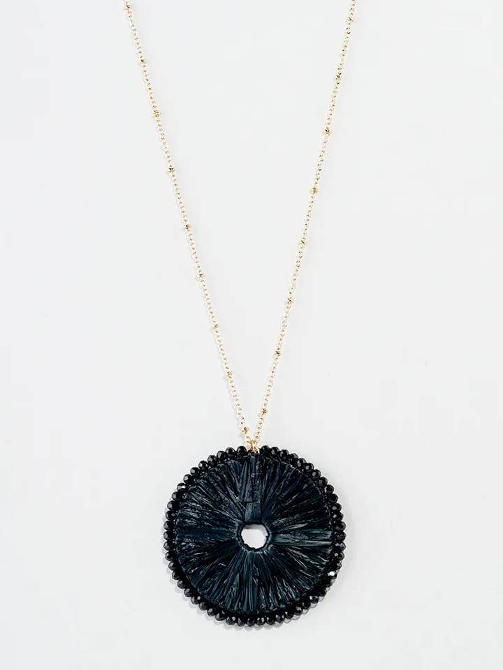 Glass Bead Wrapped Round Raffia Pendant Long Necklace for wholesale by Wild Honey