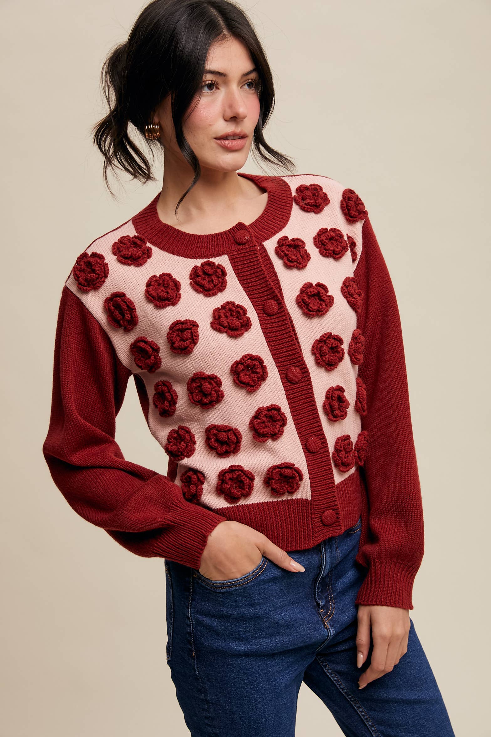 Listicle - Wholesale Cardigan - Women's - Handmade Rose Applique Knit Cardigan19